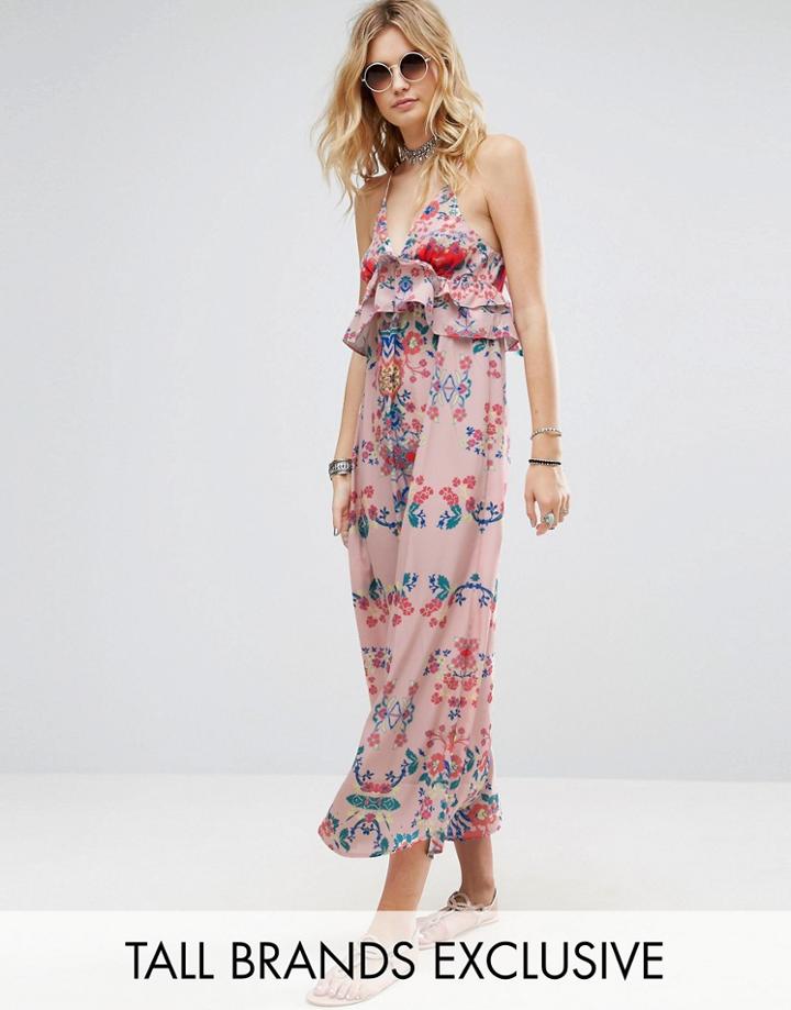 White Cove Tall Frill Layered Maxi Dress In Bright Floral Print - Multi