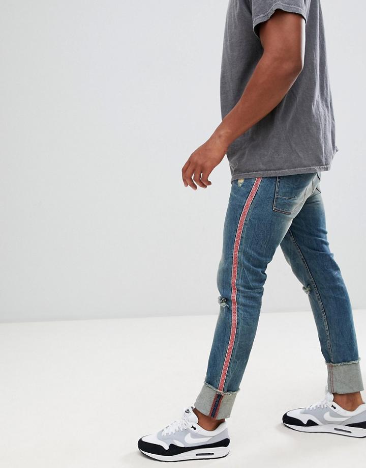 Asos Design Super Skinny Jeans In Mid Wash With Rips And Side Stripe - Blue