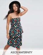 Asos Maternity Bandeau Shirred Mini Dress With Peplum Hem In Print - Multi