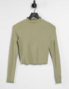 Asos Design Turtleneck Crop Top With Lettuce Edge In Olive-green