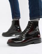 Walk London Wolf Lace Up Boots In High Shine Burgundy - Red