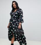 Influence Plus Asymmetric Floral Midi Tea Dress With Open Back Detail - Black