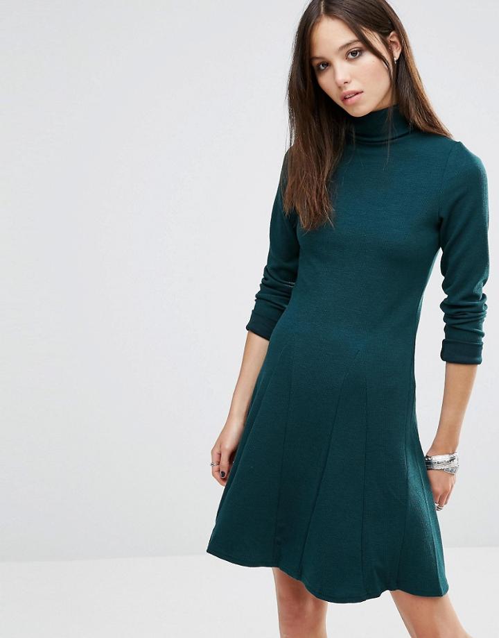 Brave Soul Roll Neck Skater Dress - Green