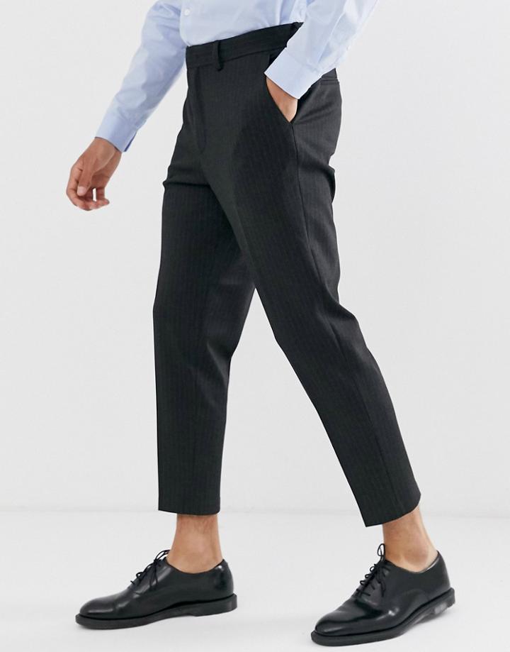 Selected Homme Crop Tapered Jersey Pants In Gray Pinstripe
