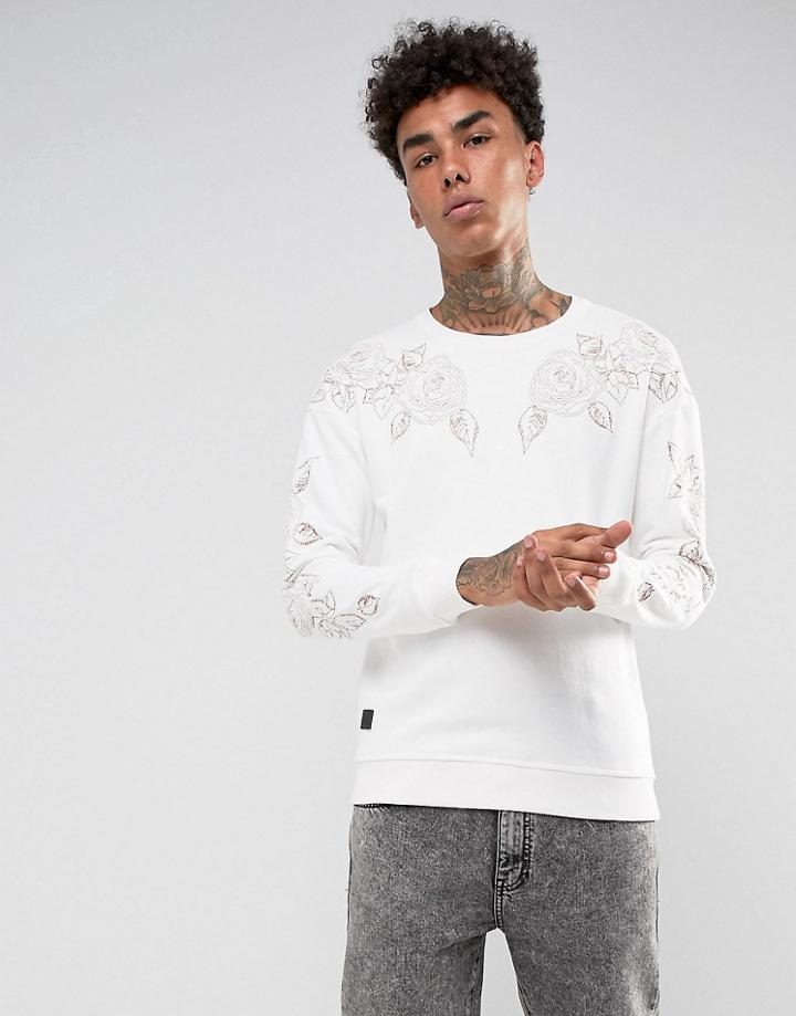Black Kaviar Sweatshirt In Stone With Rose Embroidery - Stone