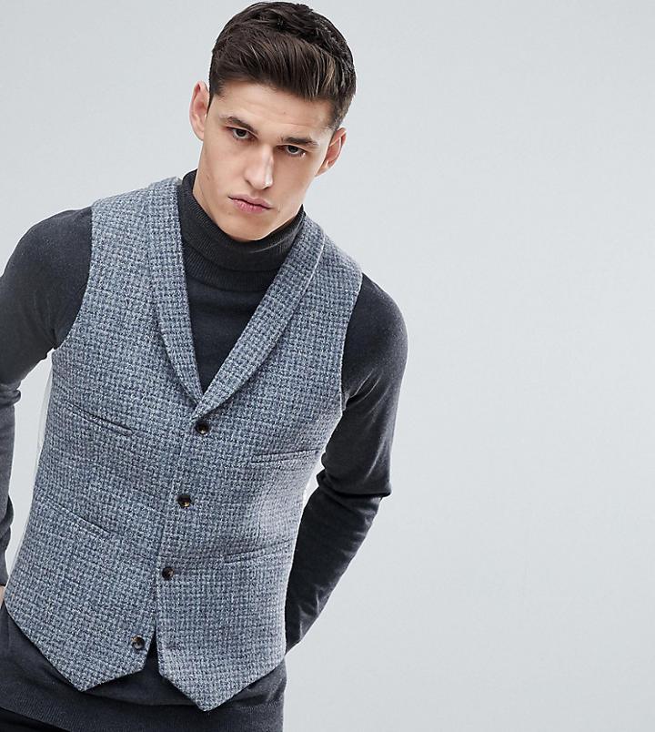 Asos Tall Slim Vest In Harris Tweed 100% Wool Light Gray Check - Gray