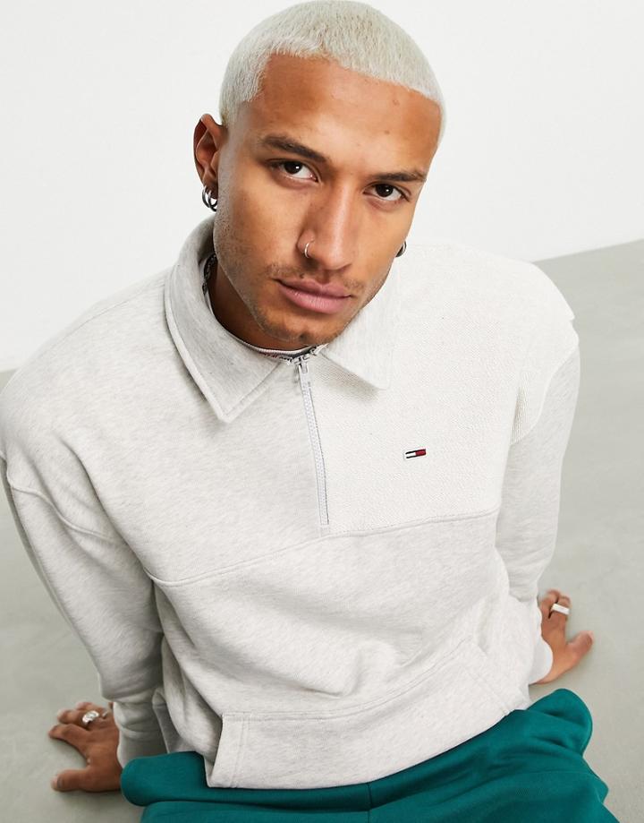 Tommy Jeans Reverse Panel Half Zip Rugby Sweatshirt Relaxed Fit In Gray Heather