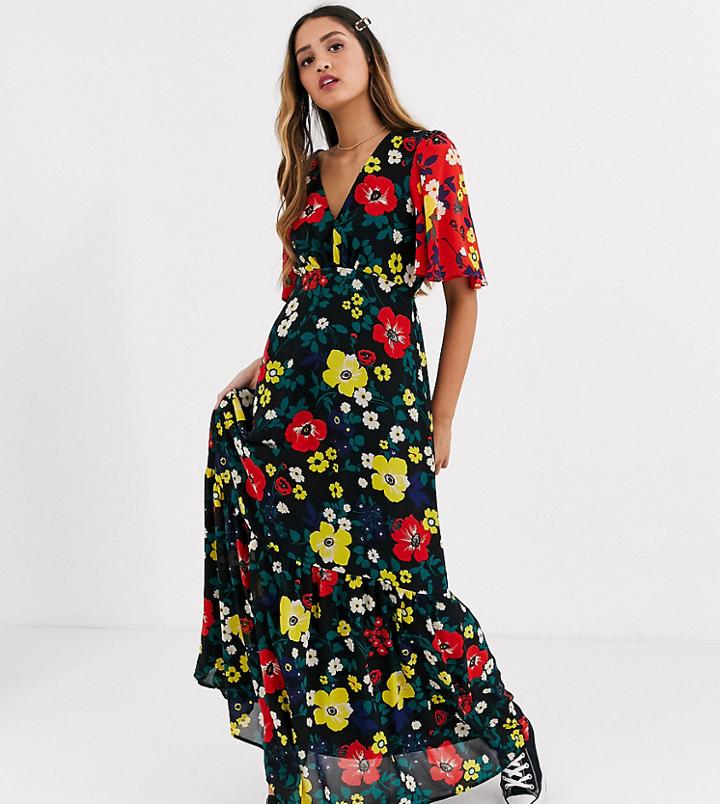 Twisted Wunder Printed Maxi Tea Dress In Multi Floral With Contrast Sleeves