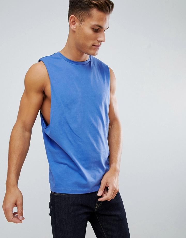 Asos Design Relaxed Sleeveless T-shirt With Dropped Armhole In Blue - Blue