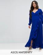 Asos Maternity Long Sleeve Wrap Maxi Tea Dress - Blue