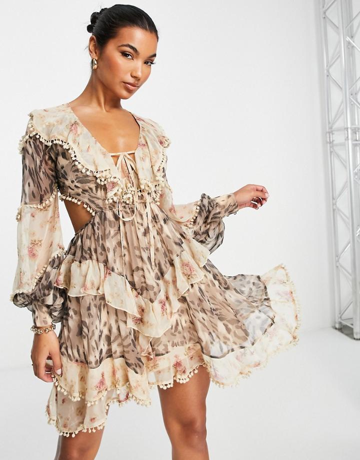 Asos Design Mini Dress With Ruffle Detail In Mixed Floral And Animal Print-multi