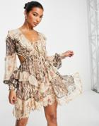 Asos Design Mini Dress With Ruffle Detail In Mixed Floral And Animal Print-multi