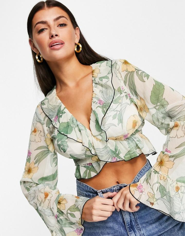 Asos Design Floral Sheer Wrap Top With Ruffle Detail-multi