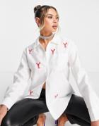 Trendyol Relaxed Shirt With Embroidered Lobster-white