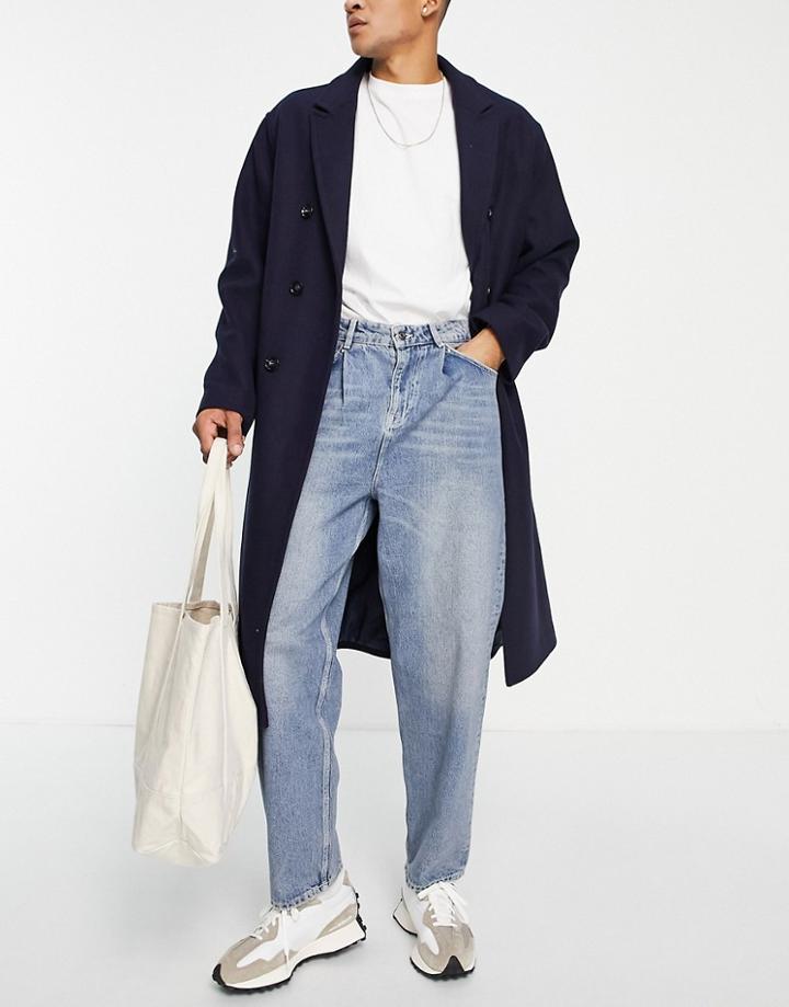 Asos Design Balloon Fit Pleated Jeans In Tinted Mid Wash-blue