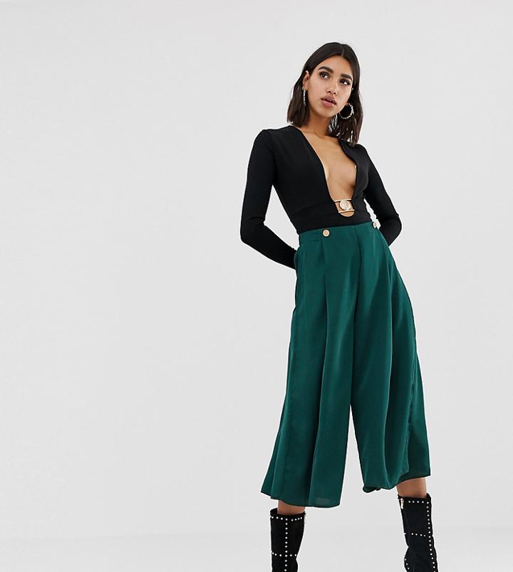 Prettylittlething Pleated Wide Leg Culotte In Dark Green - Navy