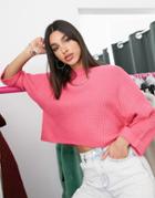 Ax Paris Cropped Boxy Sweater In Fuschia-pink