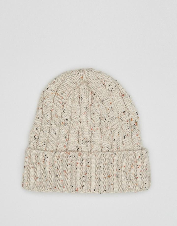 Asos Cable Fisherman Beanie In Ecru Nep - Beige