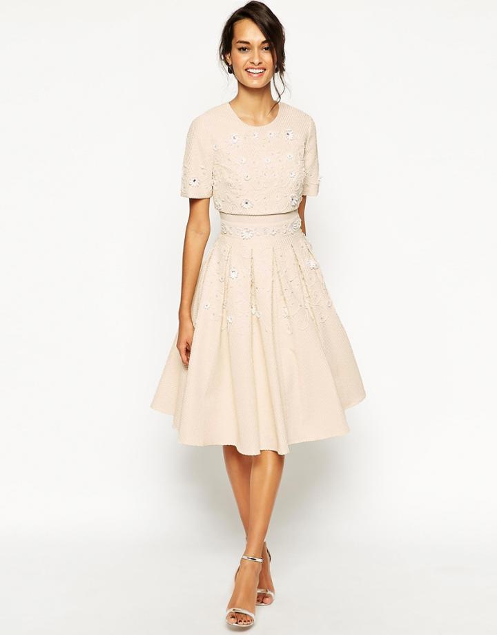 Asos Daisy Embellished Crop Top Skater Dress - Cream
