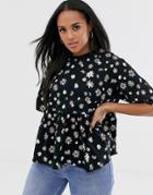 Asos Design Smock Top In Abstract Ditsy Print-black