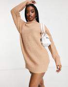 Missguided Knitted Sweater Dress With Roll Neck In Camel-brown