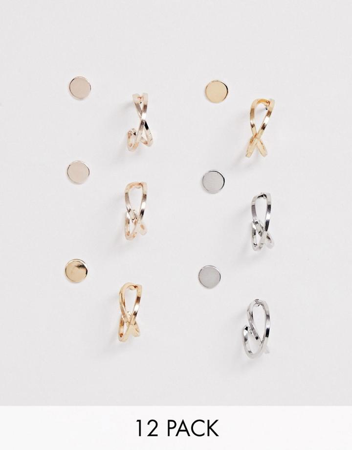 Asos Design Pack Of 6 Hoop Earrings With Flat Studs In Mixed Color Tone - Multi