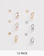 Asos Design Pack Of 6 Hoop Earrings With Flat Studs In Mixed Color Tone - Multi