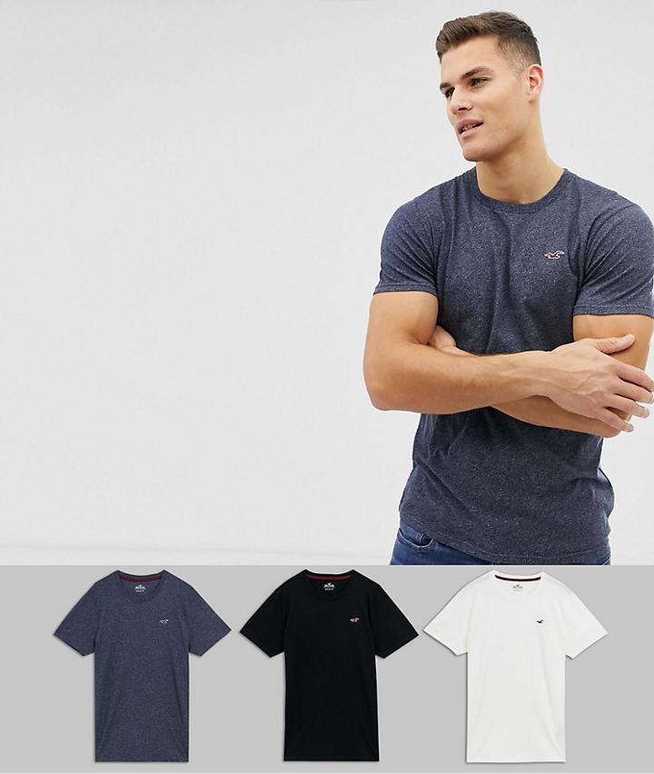 Hollister 3 Pack Crew Neck T-shirt Seagull Logo Slim Fit In White/navy Marl/black-multi