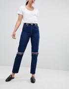 Asos Design Ritson Rigid Mom Jeans With 90s Waistband & Super Ripped Knees - Blue