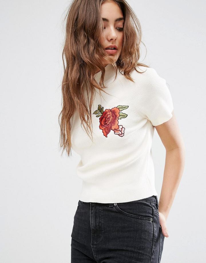 Asos Knitted Tee With Embroidered Flower Patch - Cream