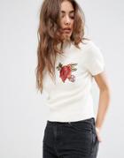Asos Knitted Tee With Embroidered Flower Patch - Cream