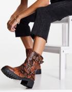 Asos Design Amber Pull-on Hiker Boots In Tan Snake-brown