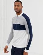 Asos Design Long Sleeve Polo Shirt With Color Block And Contrast Piping In Navy