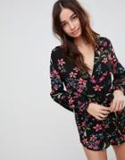 Parisian Floral Long Sleeve Wrap Romper - Black