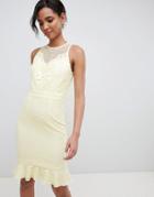 Little Mistress Lace Applique Shift Dress With Peplum Hem In Lemon - Yellow