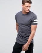 Jack & Jones Core Longline T-shirt With Curved Hem And Arm Stripes - Gray