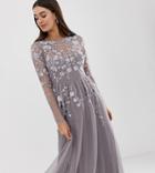 Asos Design Tall Long Sleeve Maxi Dress In Embroidered Mesh - Gray
