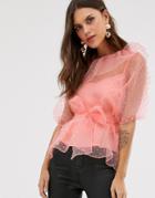 Asos Design 3/4 Sleeve Sheer Organza Dobby Top With Belt Detail - Clear