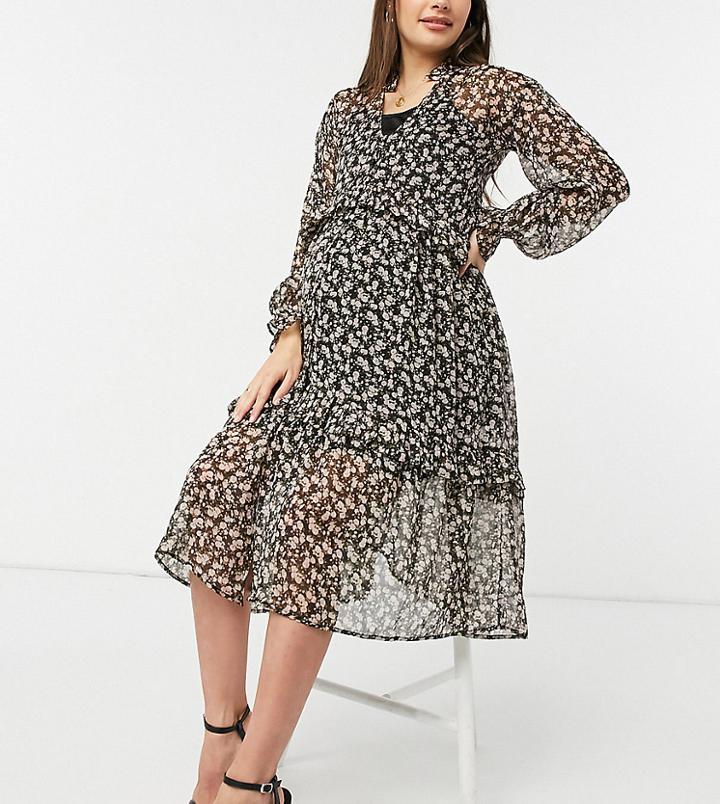Violet Romance Maternity Tiered Midaxi Dress In Floral Print With Ruffle Detail-multi