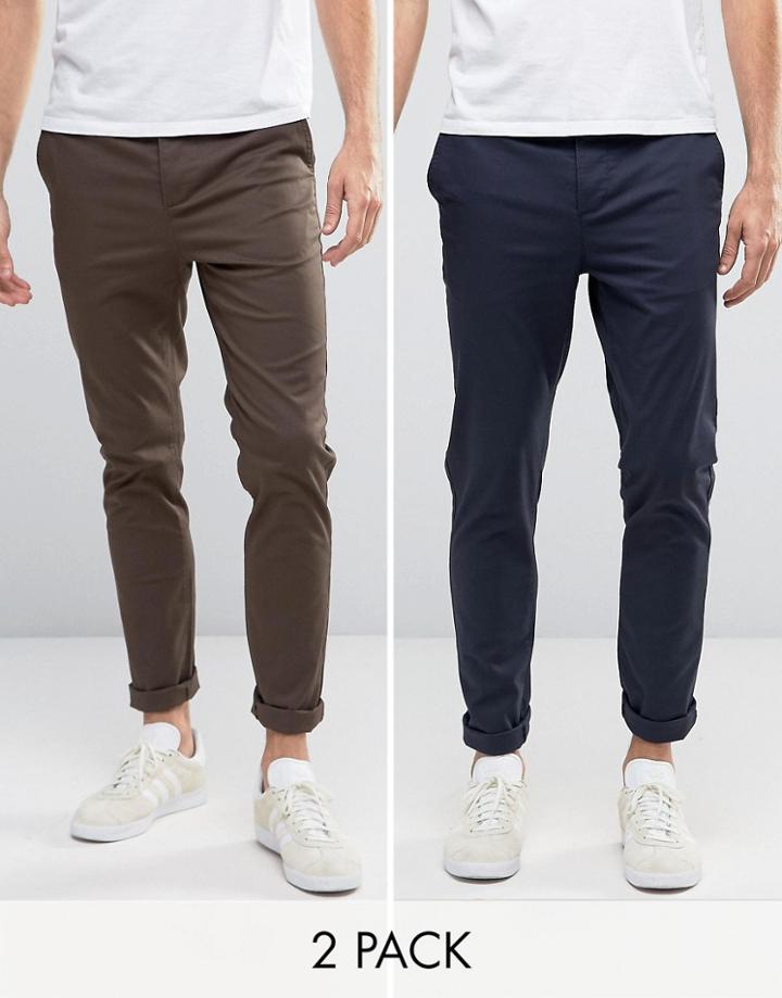 Asos Design 2 Pack Skinny Chinos In Navy & Brown Save-multi