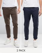 Asos Design 2 Pack Skinny Chinos In Navy & Brown Save-multi