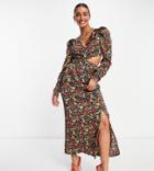 Vila Exclusive Satin Cut-out Maxi Dress In Floral Print-multi