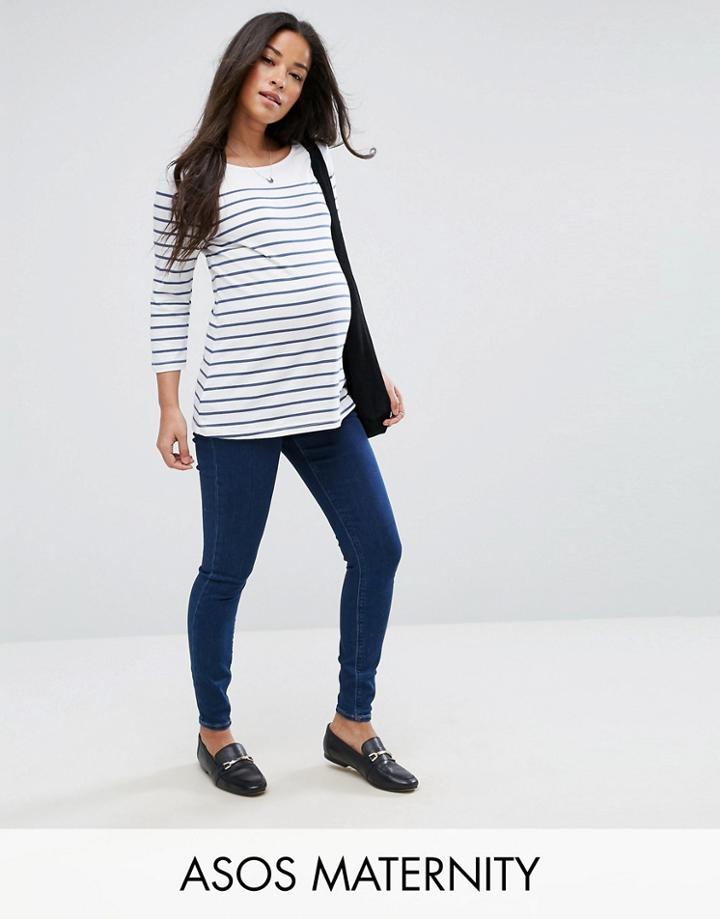 Asos Maternity Ridley High Waist Skinny Jeans In Popular Deep Blue Wash With Under The Bump Waistband - Blue
