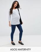 Asos Maternity Ridley High Waist Skinny Jeans In Popular Deep Blue Wash With Under The Bump Waistband - Blue