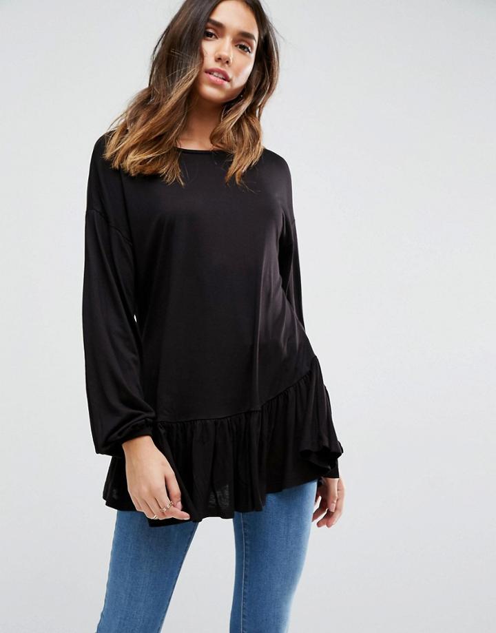 Asos Top With Balloon Sleeve And Ruffle Hem - Black