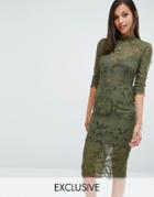 Love Triangle Long Sleeve Midi Dress In All Over Lace - Green