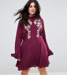 Asos Curve Embroidered Trumpet Sleeve Mini Dress - Red