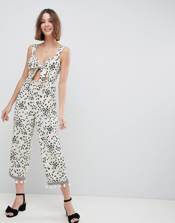 Asos Design Floral Jumpsuit With Cut Out And Tie Detail - Multi