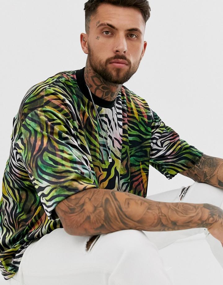 Asos Design Oversized T-shirt In Zebra Print Velour-multi