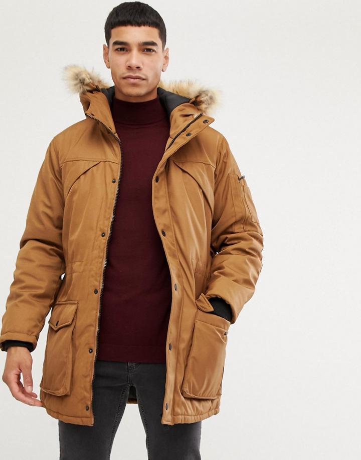 Bershka Parka With Detachable Fur Hood In Tan - Tan
